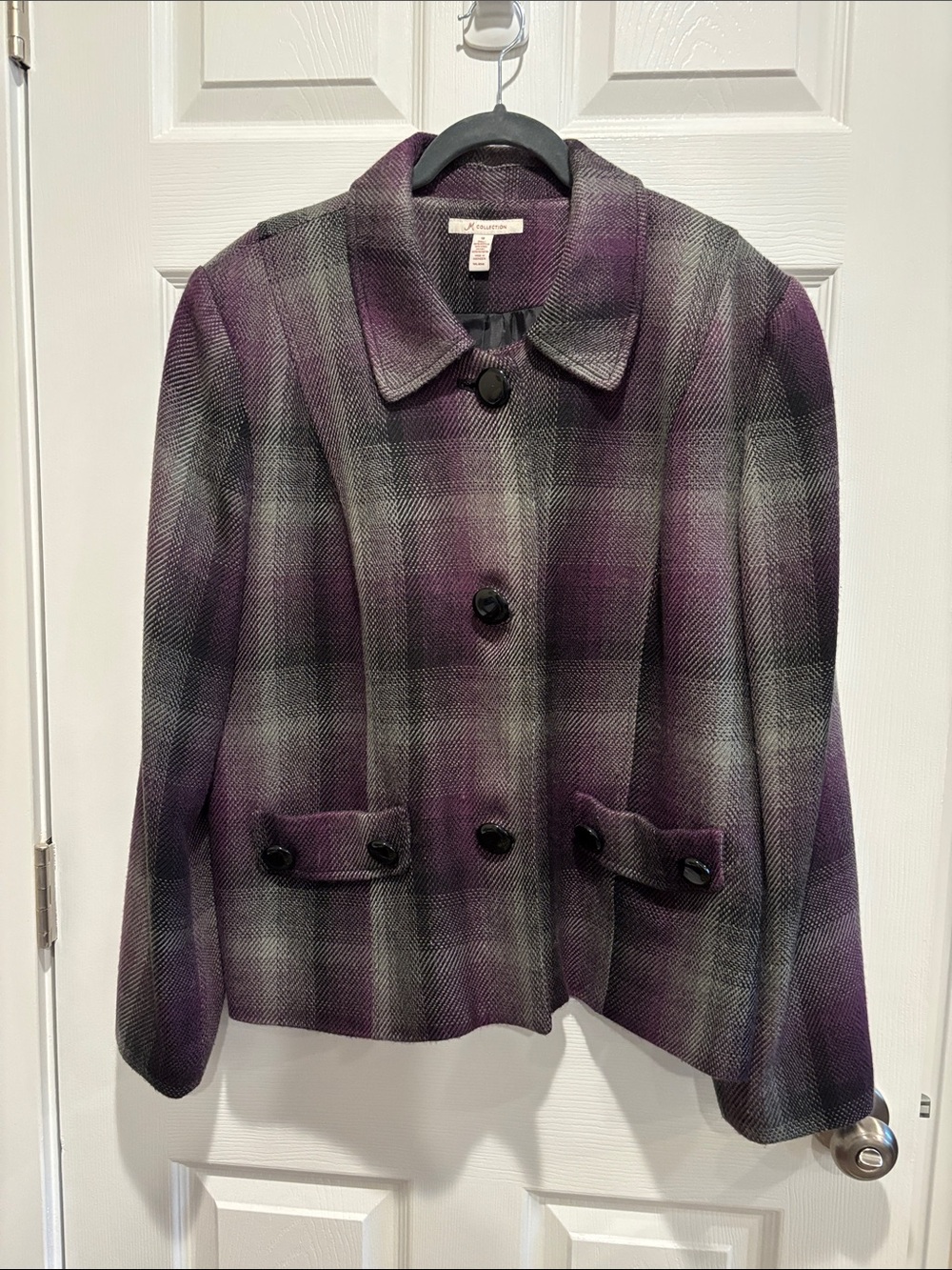 JM Collection Purple and Gray Plaid Button-Front Blazer